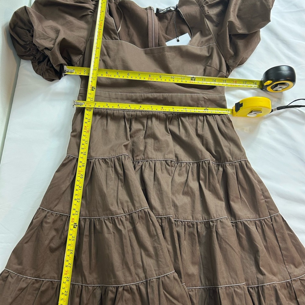 En Saison Meline Poplin Babydoll Dress Brown Puff Sleeves‎ Pockets Small NWT - Picture 7 of 15